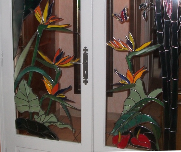 porte vitrée en double vitrage avec décor peint