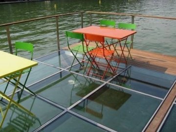 Toughened & laminated glass tiles for a landing stage