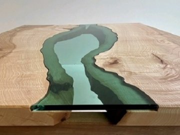 Green glass and solid wood table