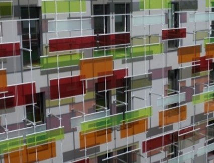 Vanceva color laminated glass panels for a facade