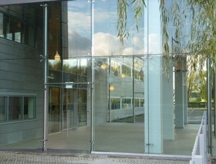 Point-fixed glass system for an entrance hall