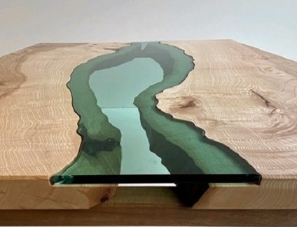 Green glass and solid wood table